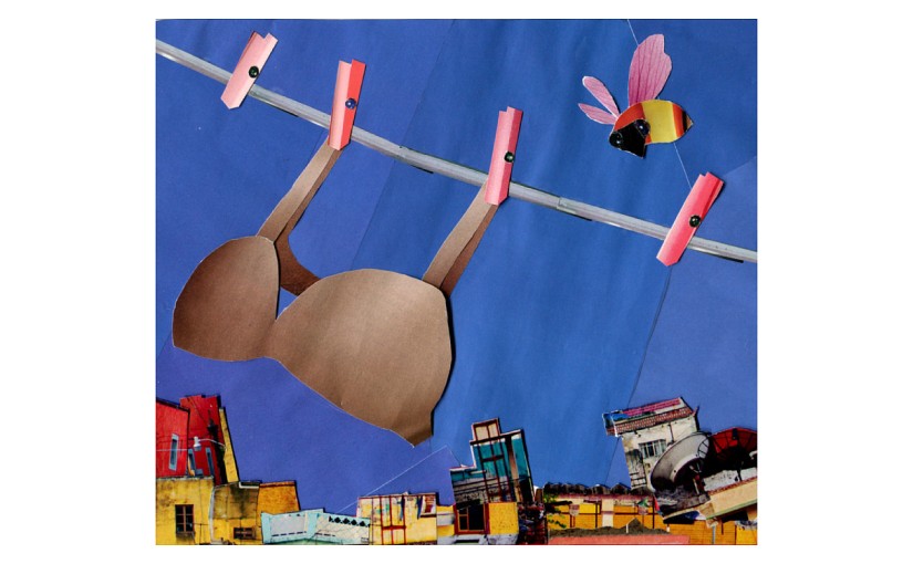Illustration: fallen buildings behind bee inspecting bra on clothesline