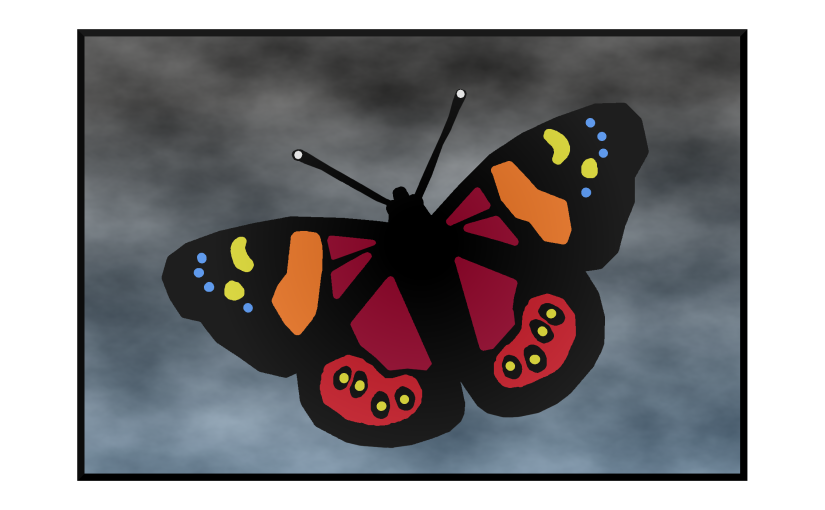 Illustration: admiral butterfly against a stormy sky